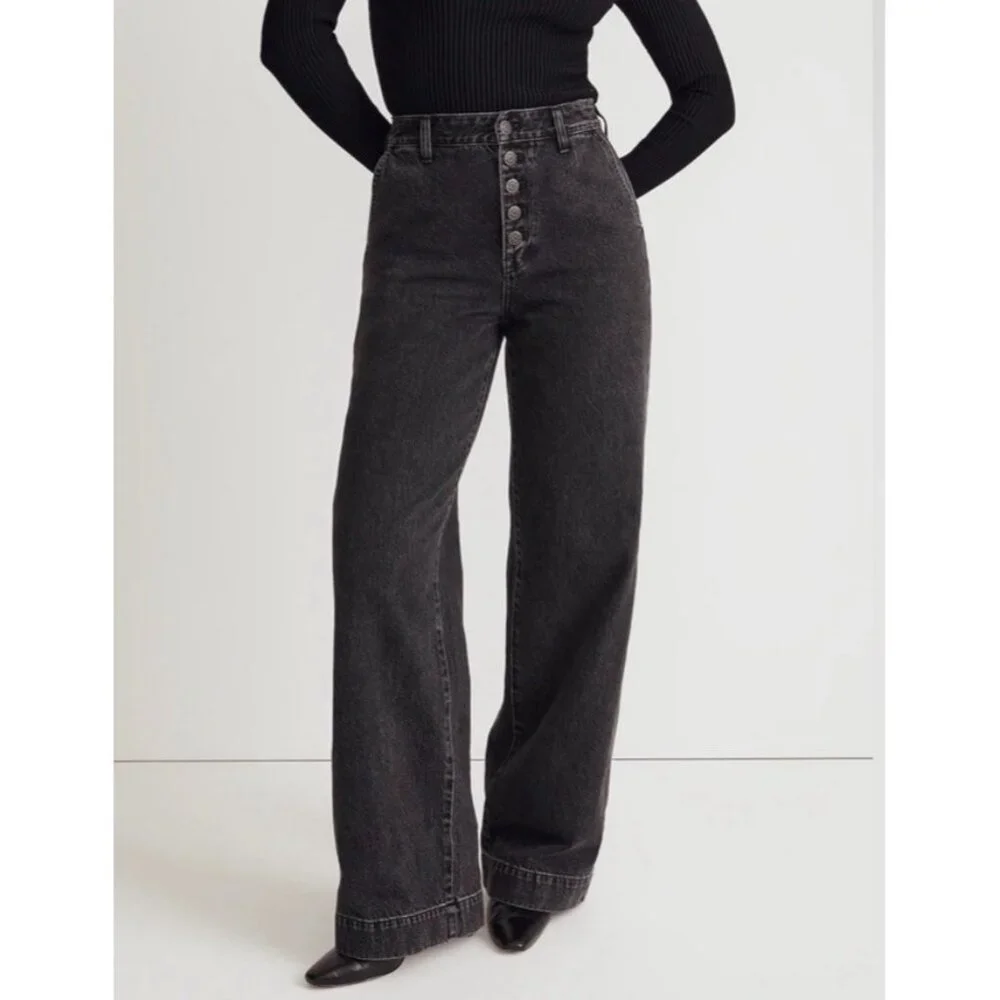 Madewell Curvy Super Wide Leg Jeans Women's 30 Black Denim Button Fly Flare Y2K - Picture 2 of 15